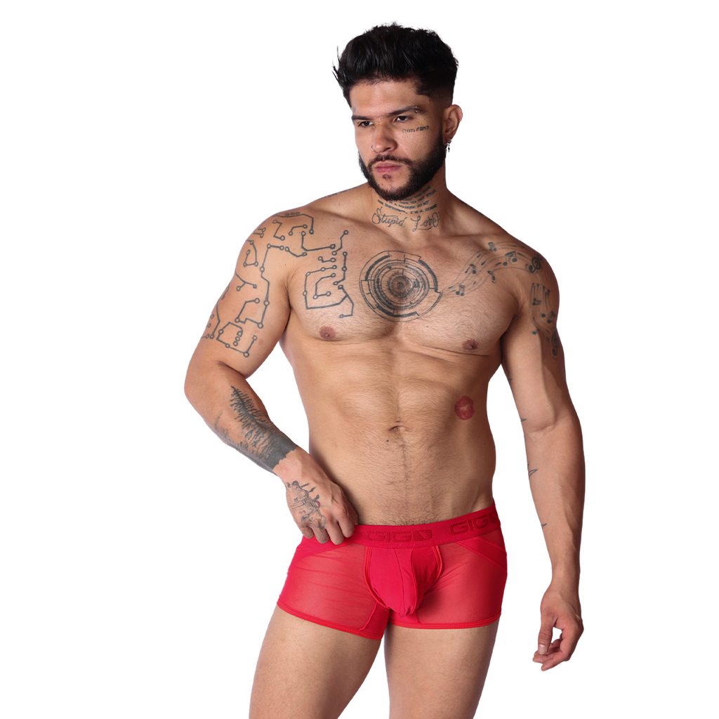 Front view of a man wearing a red Gigo sheer mesh trunk with a branded waistband and panel details.