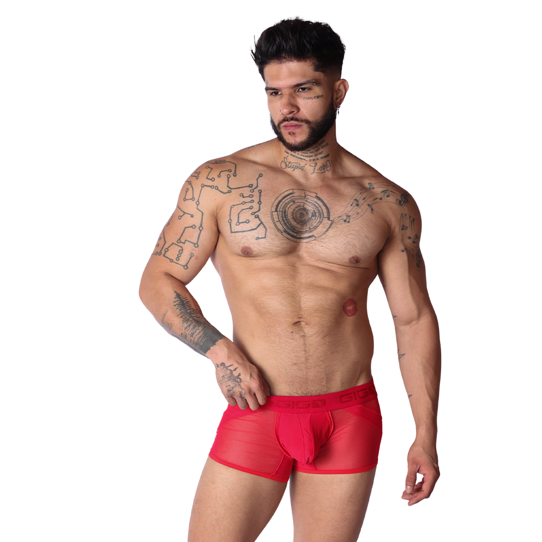 Front view of a man wearing a red Gigo sheer mesh trunk with a branded waistband and panel details.