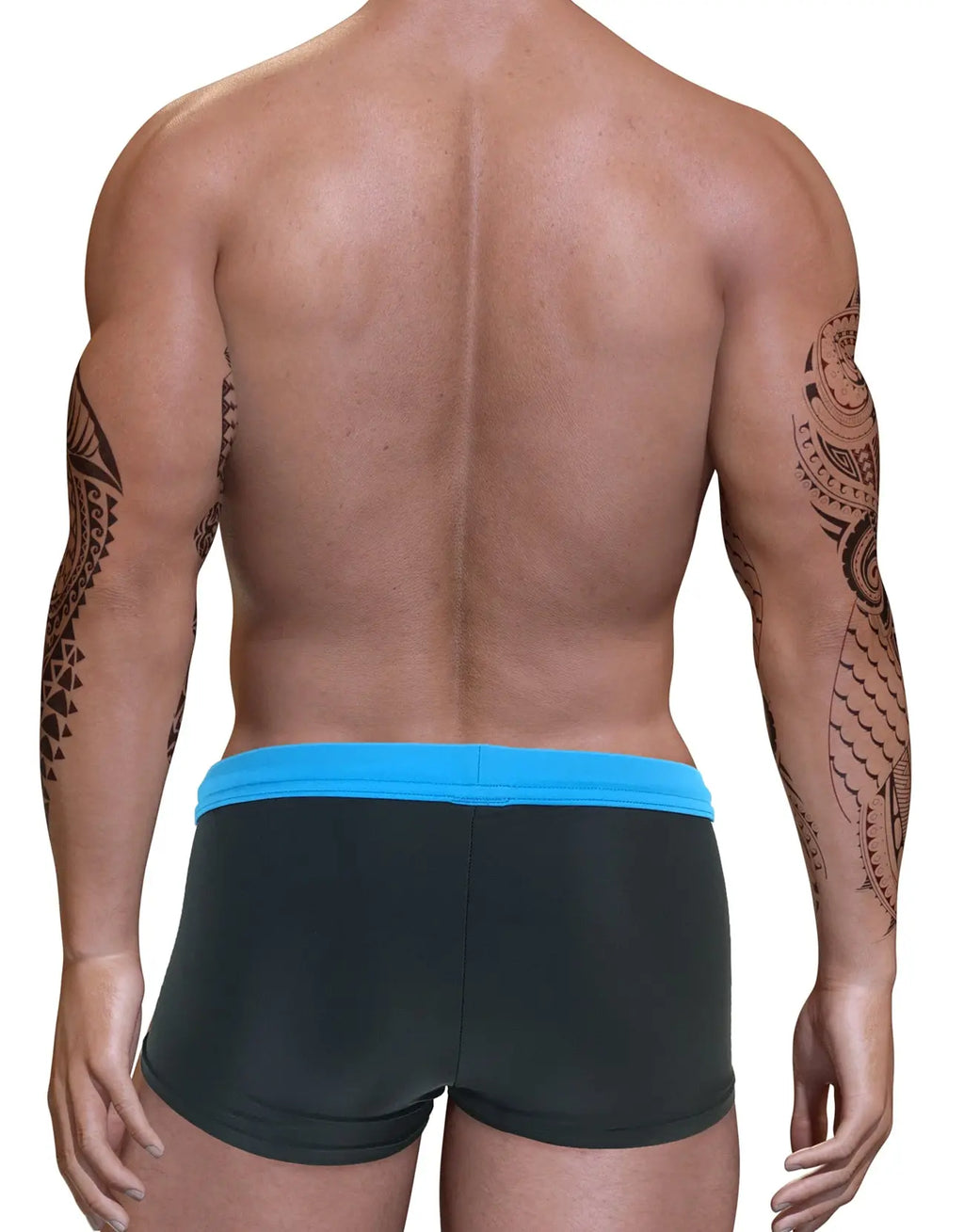 Rear view of a person with tattooed arms wearing black trunks with a blue waistband.