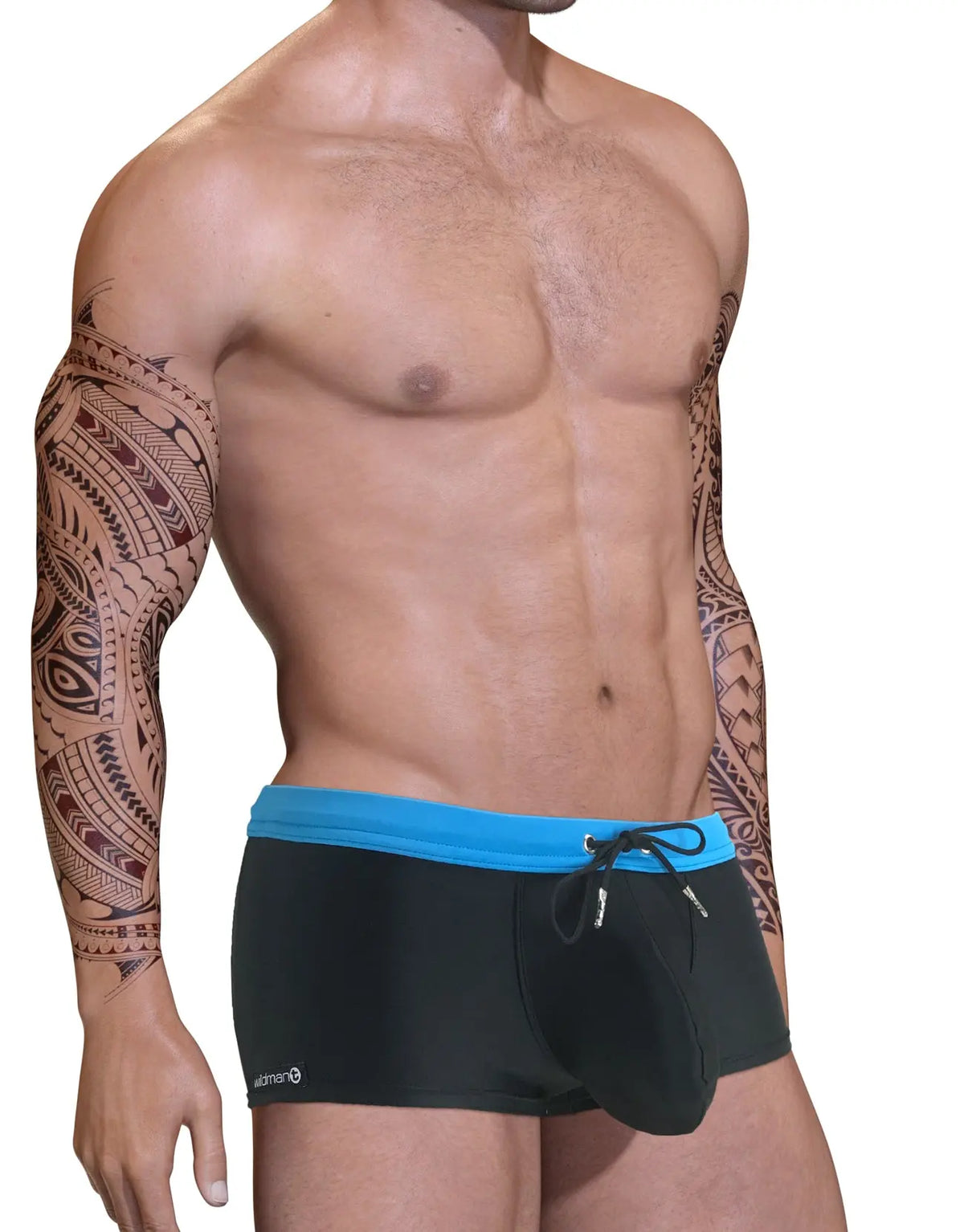 Tattooed man in black swim trunks with blue waistband.