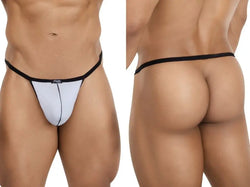 Men's white thong with thin black trim and center seam detail, featuring a low-rise, minimal-coverage fit.