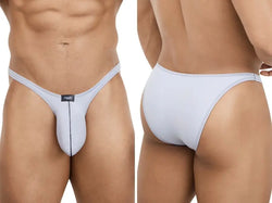 White men's G-string with a contoured pouch, slim side straps, and contrast dark stitching, shown front and back.