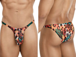 Men’s leopard print thong in sheer, mesh fabric with thin, high-cut sides, shown from front and back.