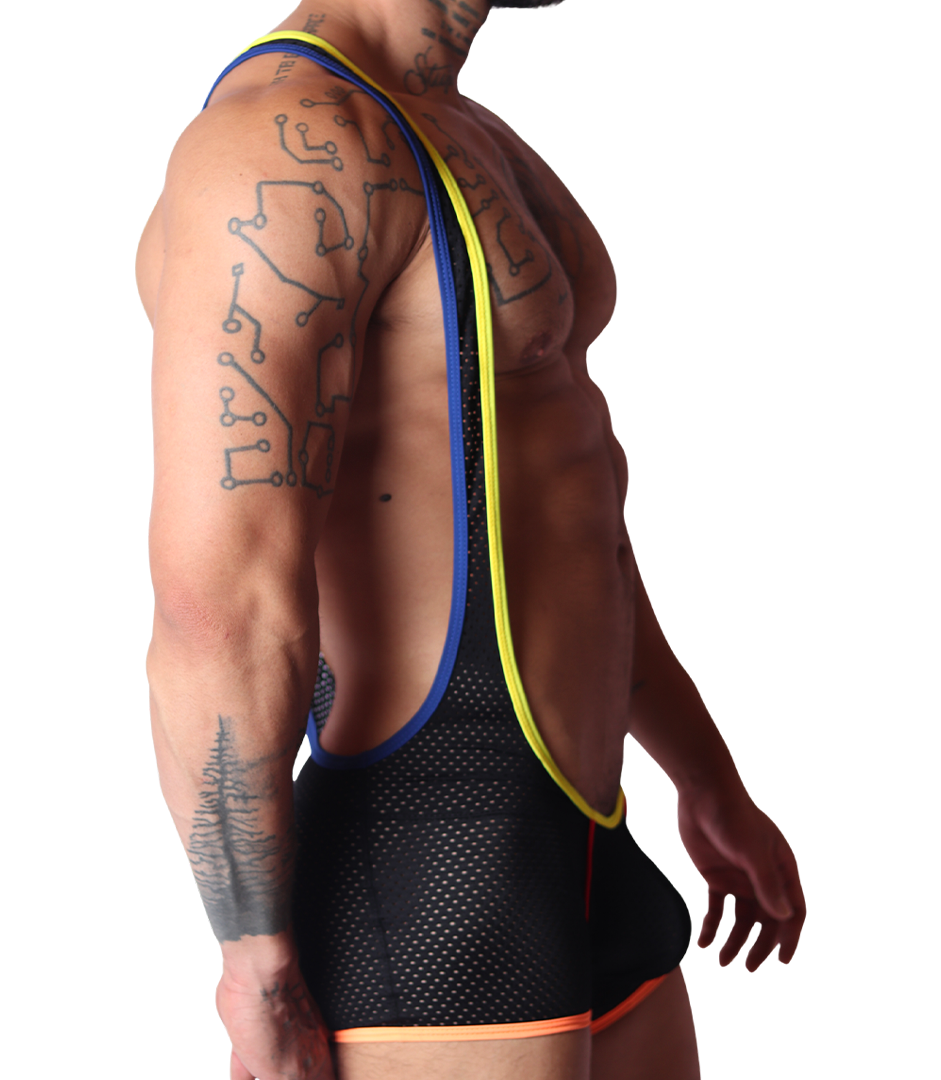 Side view of black mesh Gigo Pride Body with blue and yellow trim.