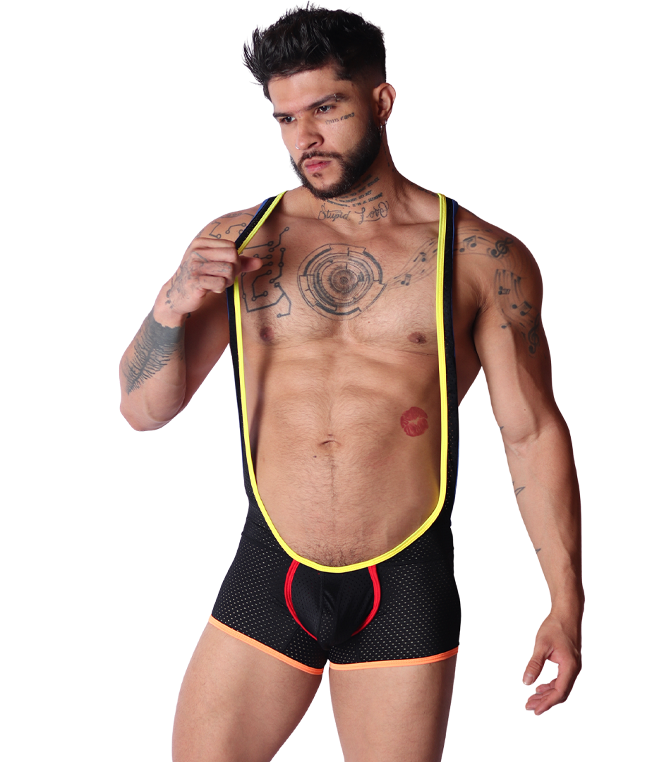 Front view of Gigo Pride body in black mesh with yellow trim, red pouch detail, and orange leg band accents.