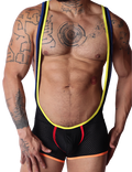 Front view of Gigo Pride body in black mesh with yellow, blue, and red trim on a muscular model.