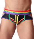 Front view of Gigo Pride jockstrap in black mesh fabric with rainbow waistband, colourful piping, and side metal rings.