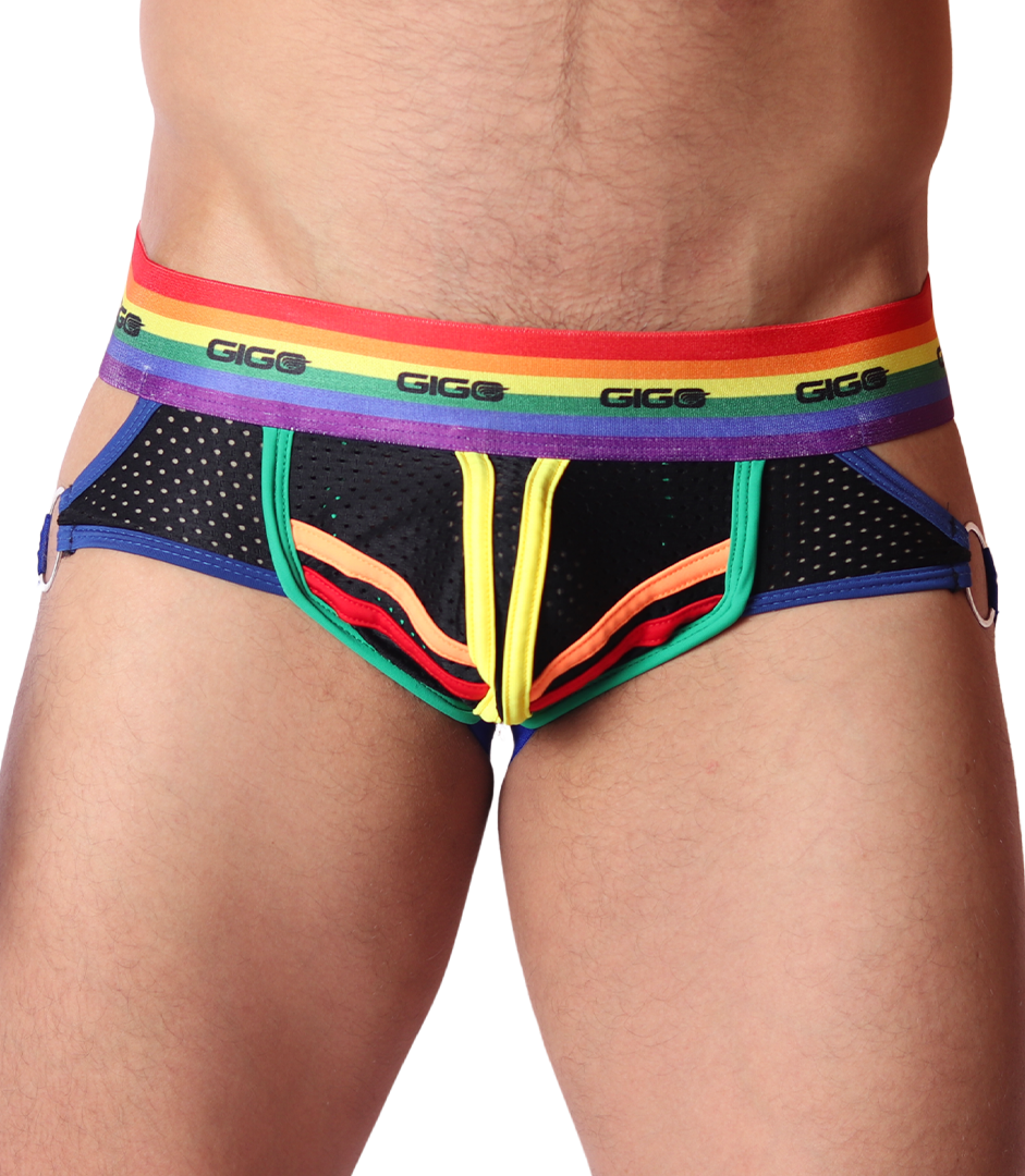 Front view of Gigo Pride jockstrap in black mesh fabric with rainbow waistband, colourful piping, and side metal rings.