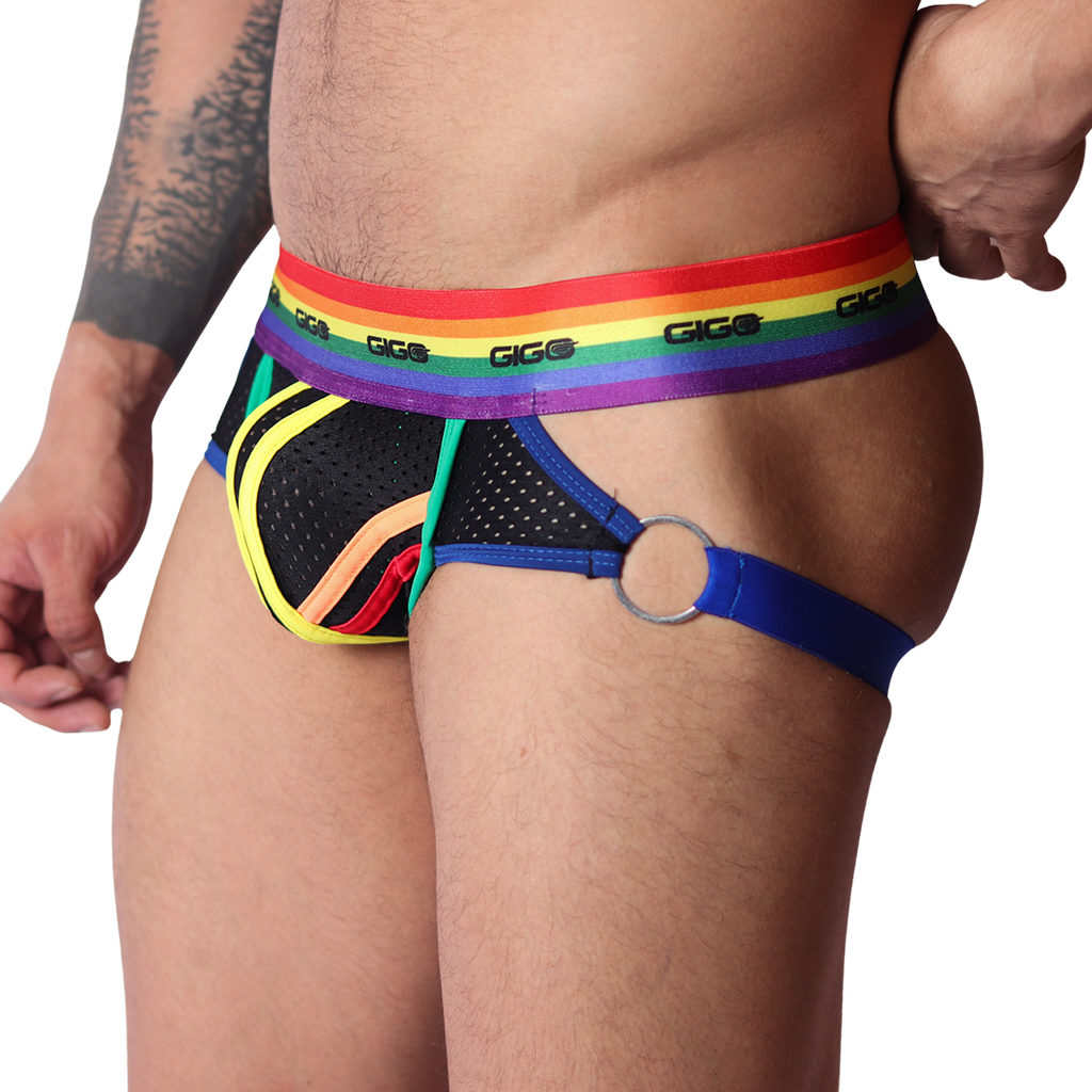 Side view of Gigo Pride jockstrap: black mesh, rainbow waistband, colourful trim, and a silver metal O-ring detail.