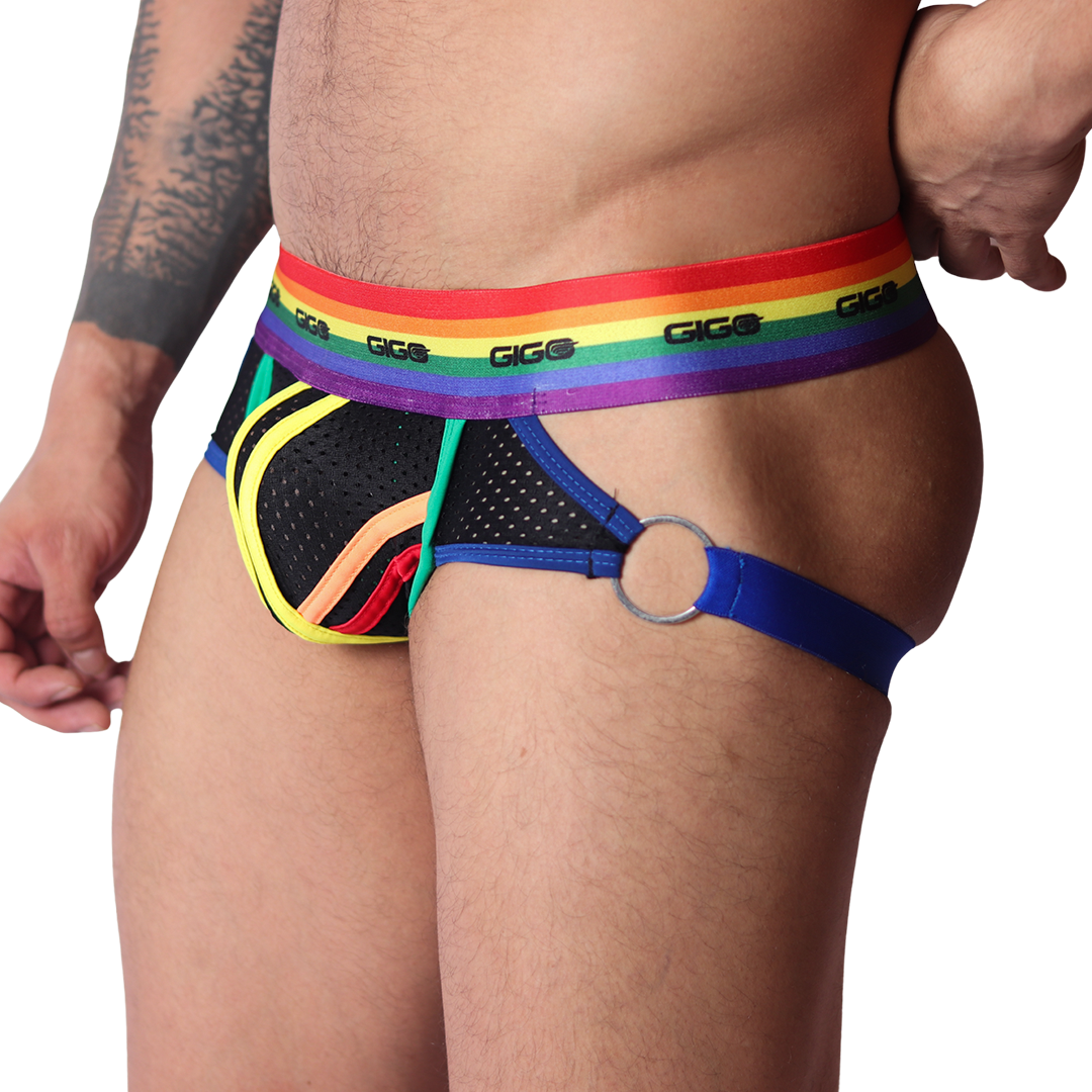 Side view of Gigo Pride jockstrap: black mesh, rainbow waistband, colourful trim, and a silver metal O-ring detail.