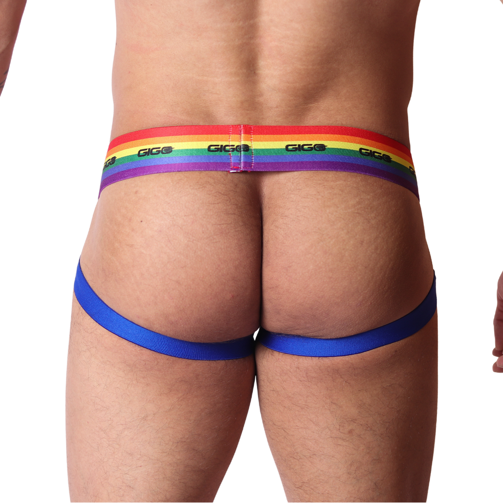 Back view of Gigo Pride jockstrap with elastic rainbow waistband and blue leg straps on a black background.