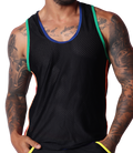 Front view of black mesh Gigo Pride tank top with colourful trim on armholes and neckline.