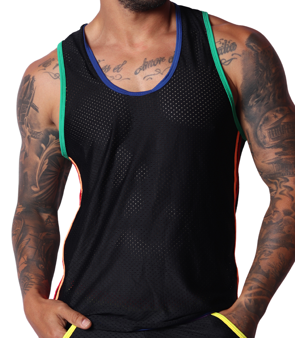 Front view of black mesh Gigo Pride tank top with colourful trim on armholes and neckline.