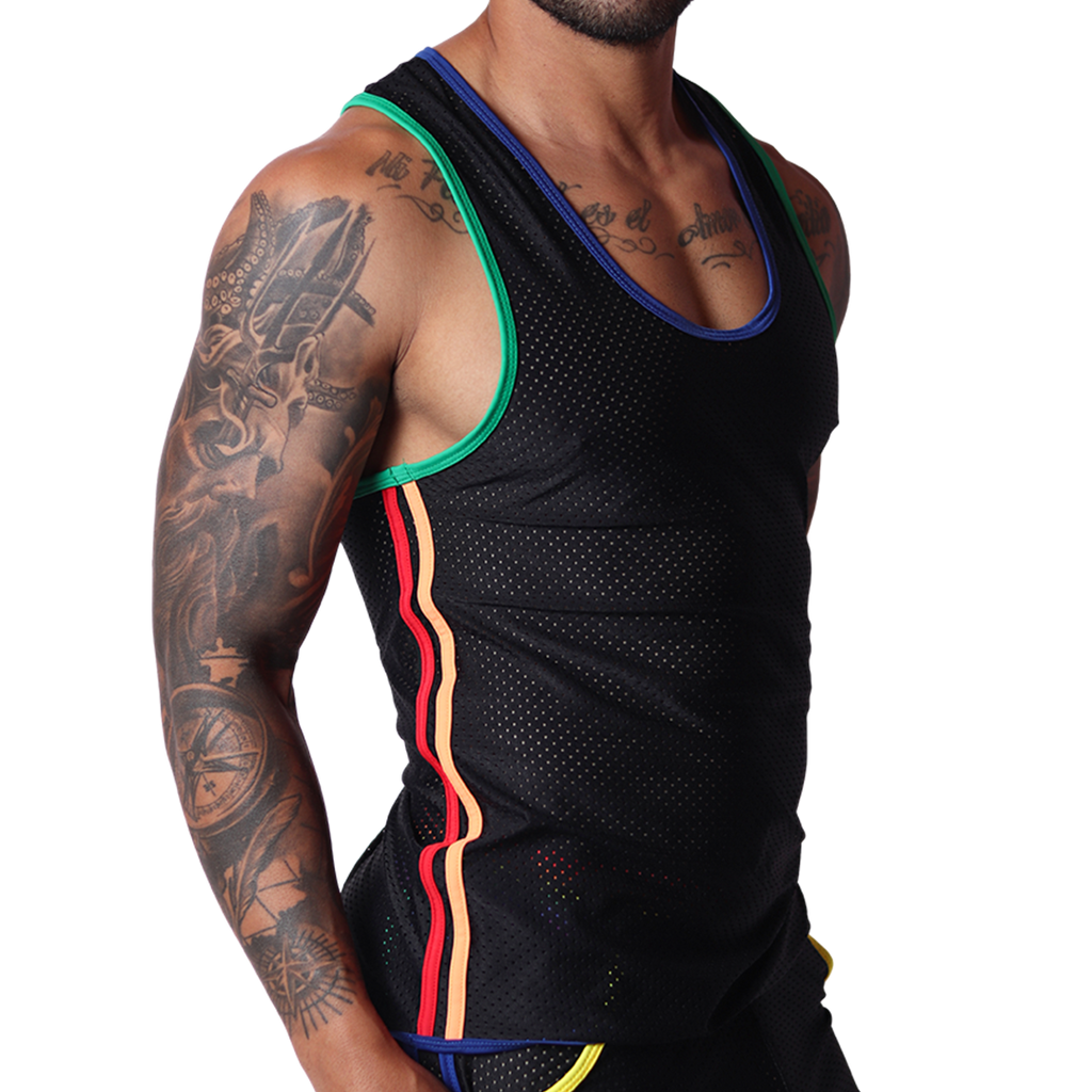 Side view of Gigo Pride tank in black mesh fabric with rainbow stripe trim and colourful neckline.