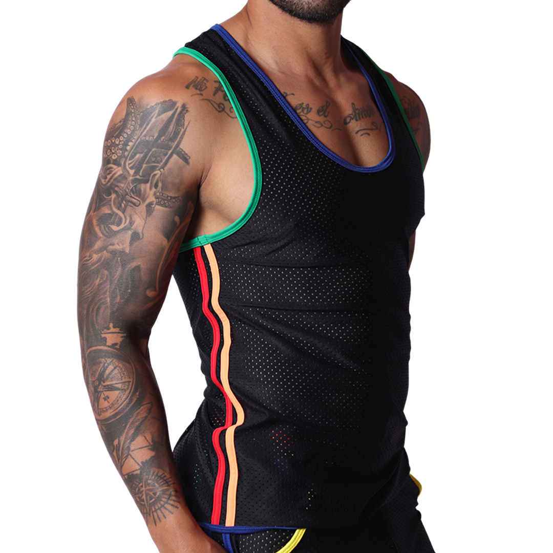 Side view of Gigo Pride tank in black mesh fabric with rainbow stripe trim and colourful neckline.