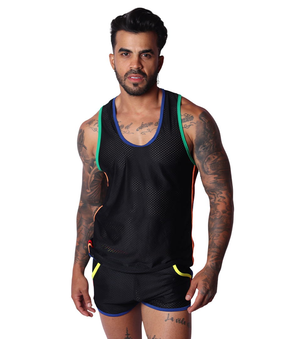 Front view of Gigo black mesh Pride tank top with colourful trim on a male model.