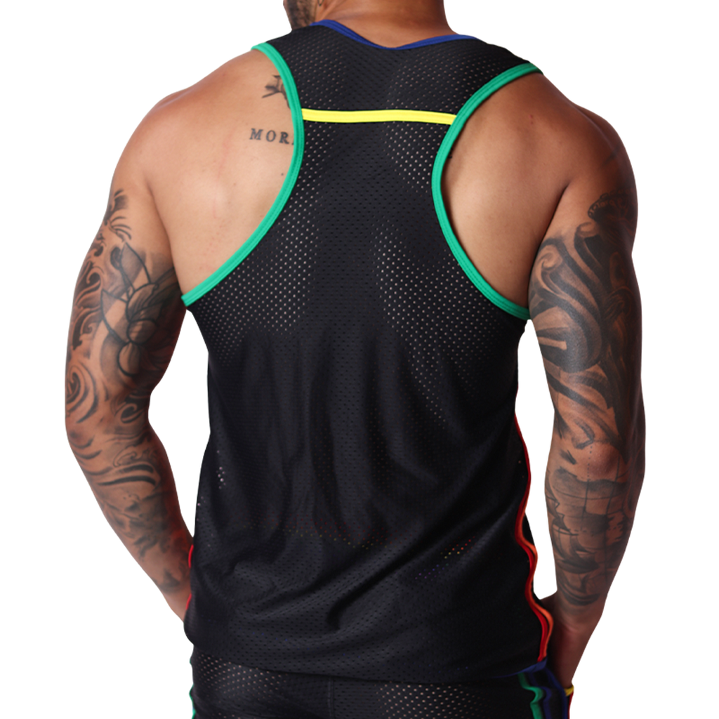 Back view of Gigo Pride tank in black mesh fabric with green trim, yellow neck detail, and rainbow side stripes.