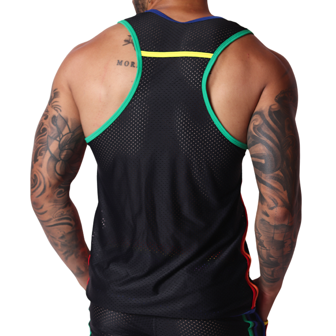 Back view of Gigo Pride tank in black mesh fabric with green trim, yellow neck detail, and rainbow side stripes.