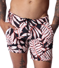 Front view of Gigo Prisma black beachwear shorts with red and white leaf print and adjustable drawstring waist.