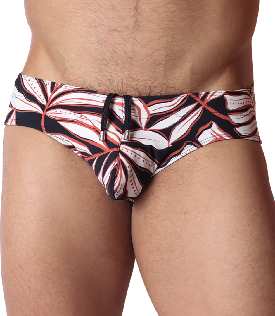 Front view of Gigo Prisma swim brief in black, white, and red leaf print with drawstring, made of stretch fabric.