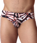 Front view of Gigo Prisma swim brief in black, white, and red leaf print with drawstring, made of stretch fabric.