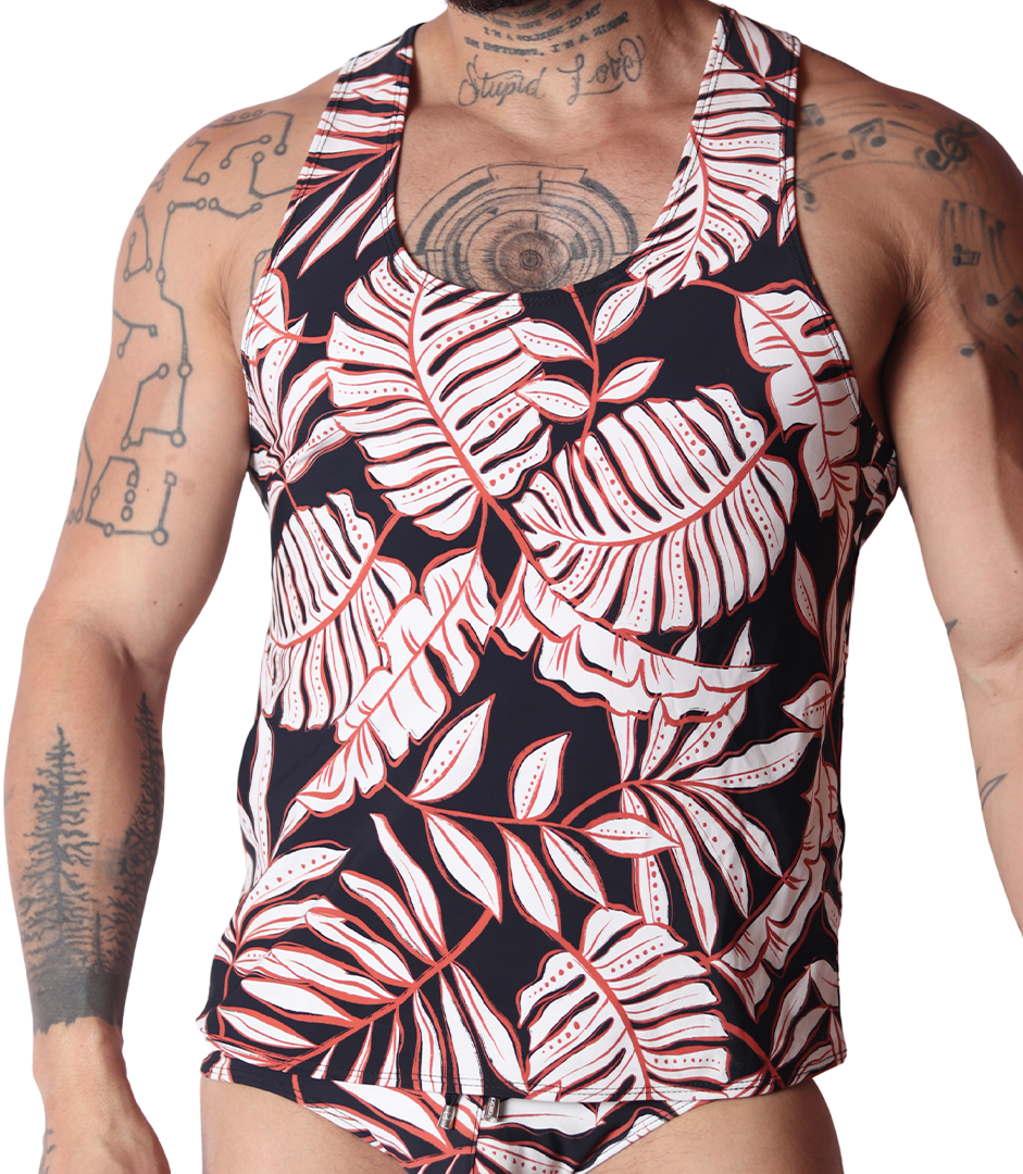 Front view of Gigo Prisma tank top in black with white and red tropical leaf print, soft fabric on a muscular model.