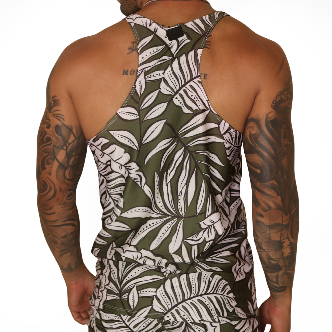 Back view of Gigo Prisma green tank top featuring a tropical leaf print pattern in a soft, lightweight fabric.