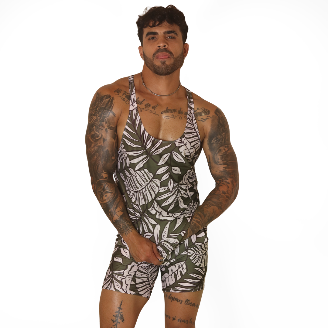 Front view of Gigo Prisma green leaf print tank top and shorts set in stretchy fabric on a model.