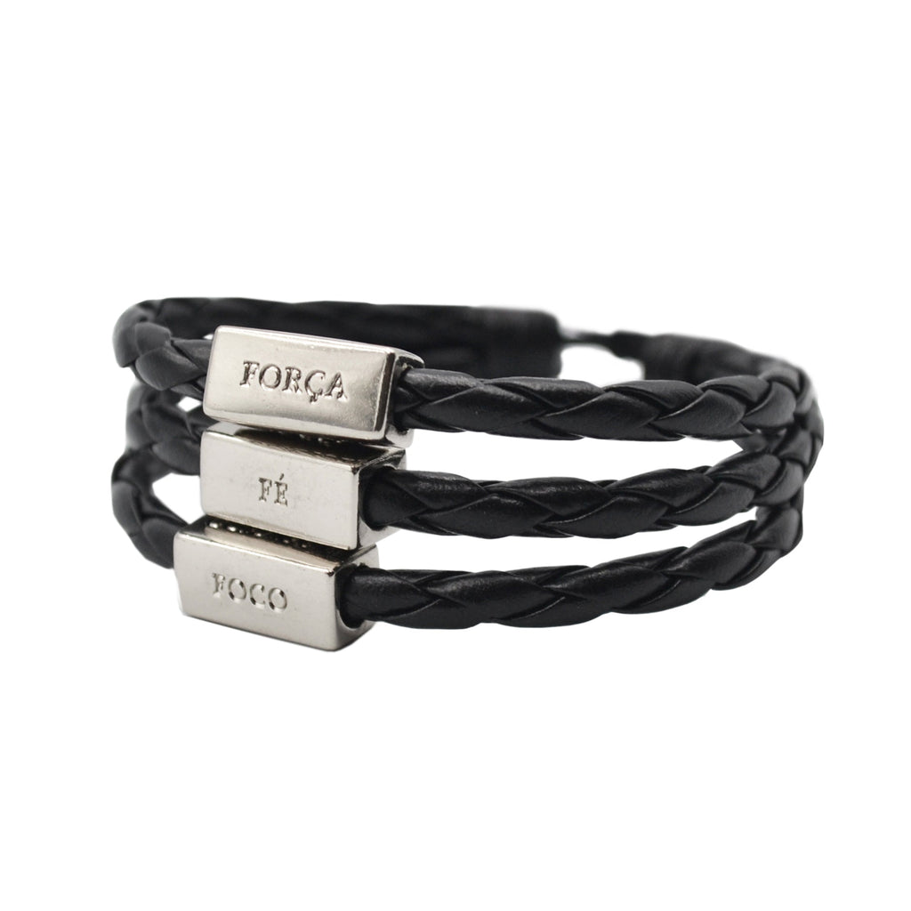 CA-RIO-CA Men's Bracelet Black Leather Silver Adjustable with words of Focus, Strength, Faith, & Courage in Portuguese