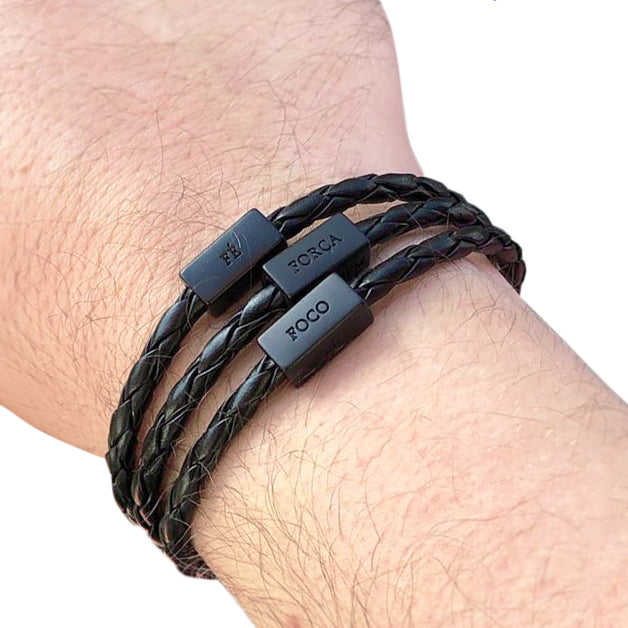 CA-RIO-CA Men's Bracelet Black Leather Silver Adjustable with words of Focus, Strength, Faith, & Courage in Portuguese