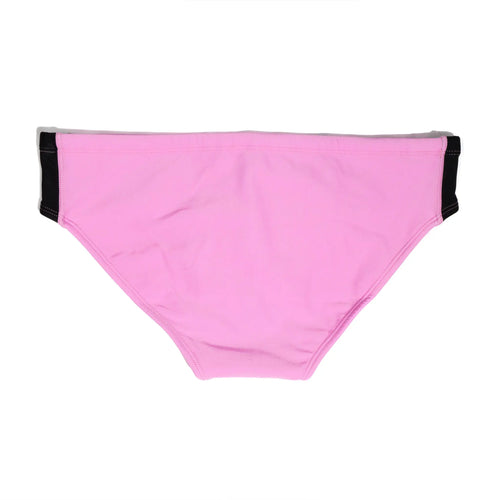 Rear view of pink briefs with black side panels on a white background.