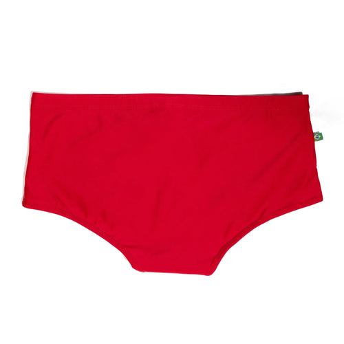Rear view of plain red short-style briefs.