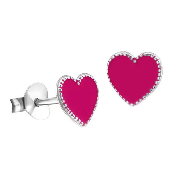 Hot Pink Enamel Heart Studs — 925 Sterling Silver