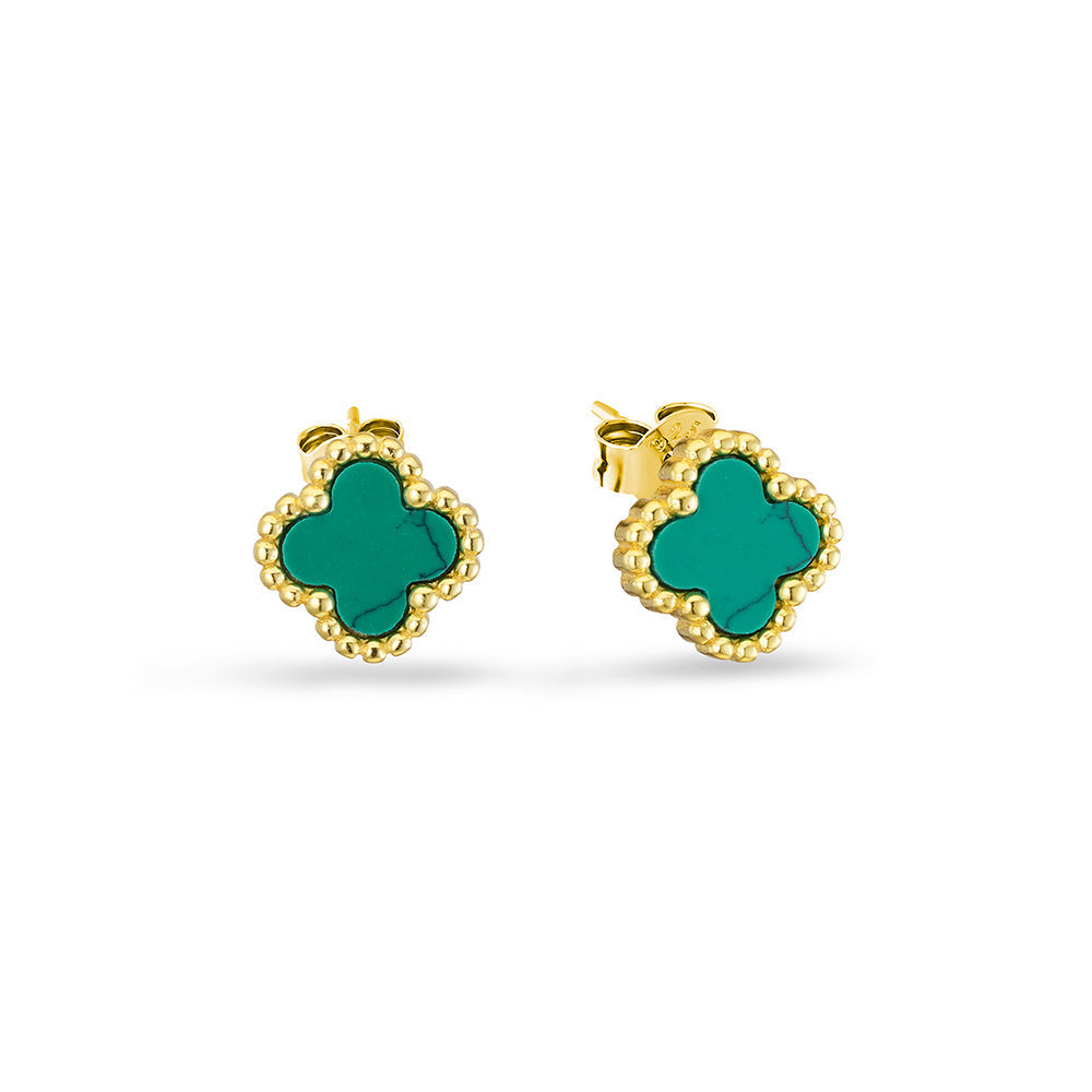 Sterling Silver Gold-Plated Green Enamel Flower Stud Earrings
