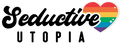 The logo features the words Seductive Utopia. Seductive is in a black script font, and UTOPIA is in uppercase black letters. A heart with rainbow stripes and white sparkles appears to the right of Seductive.