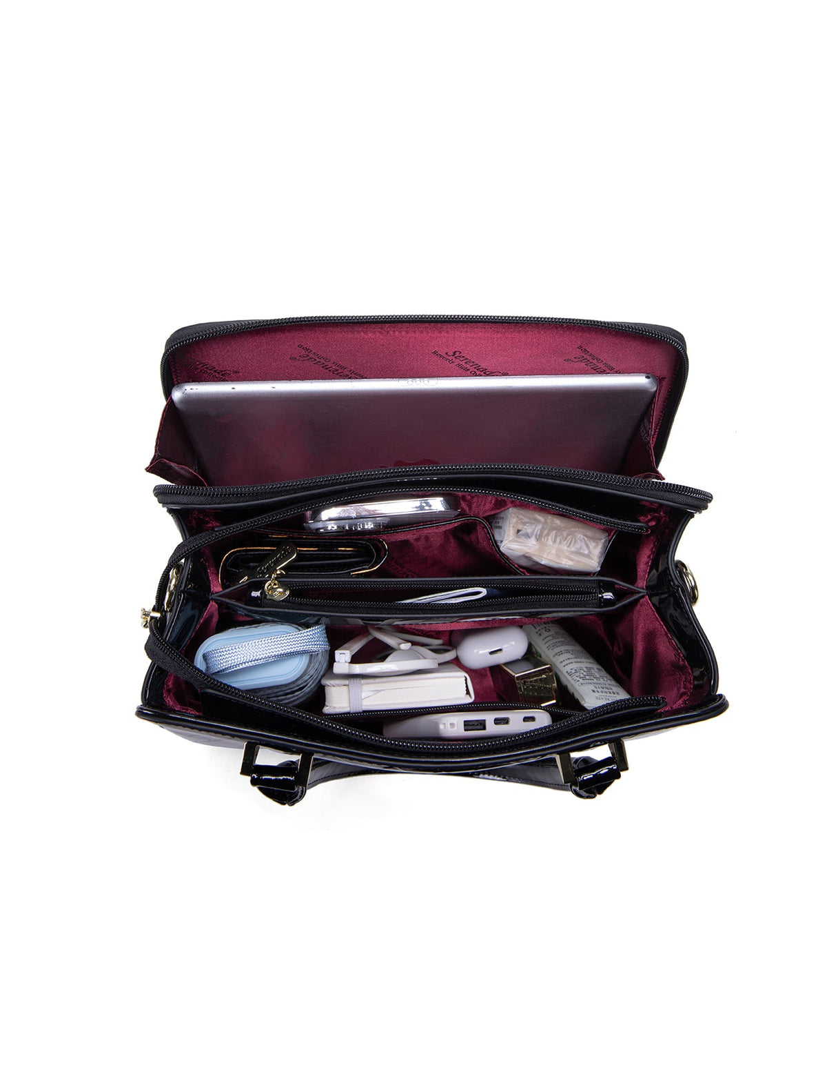 YOLANDA GRIP HANDLE LEATHER BAG- SF27-0343- DEEP PURPLE WITH BLACK TRIM