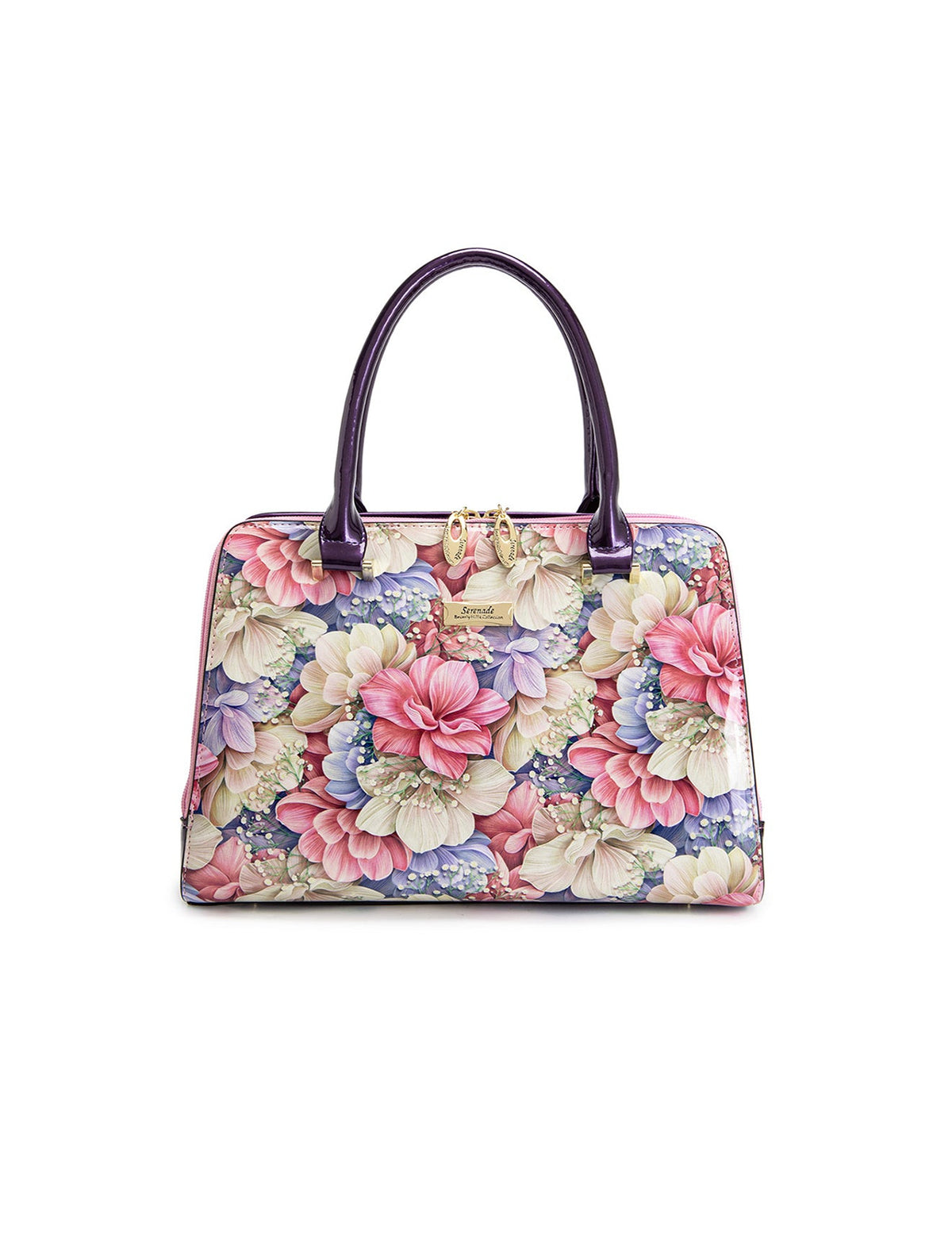 ANGELIQUE GRIP HANDLE LEATHER BAG-SN57-0343- PINK & PUR ZIPS- SALE