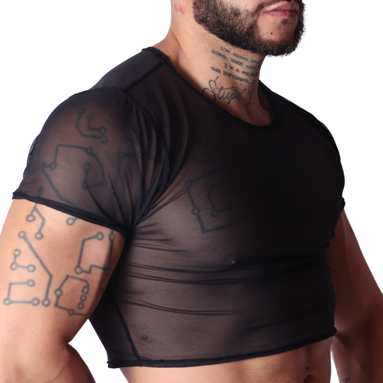 Side view of Gigo Spectrum black sheer mesh crop top on a muscular male model.