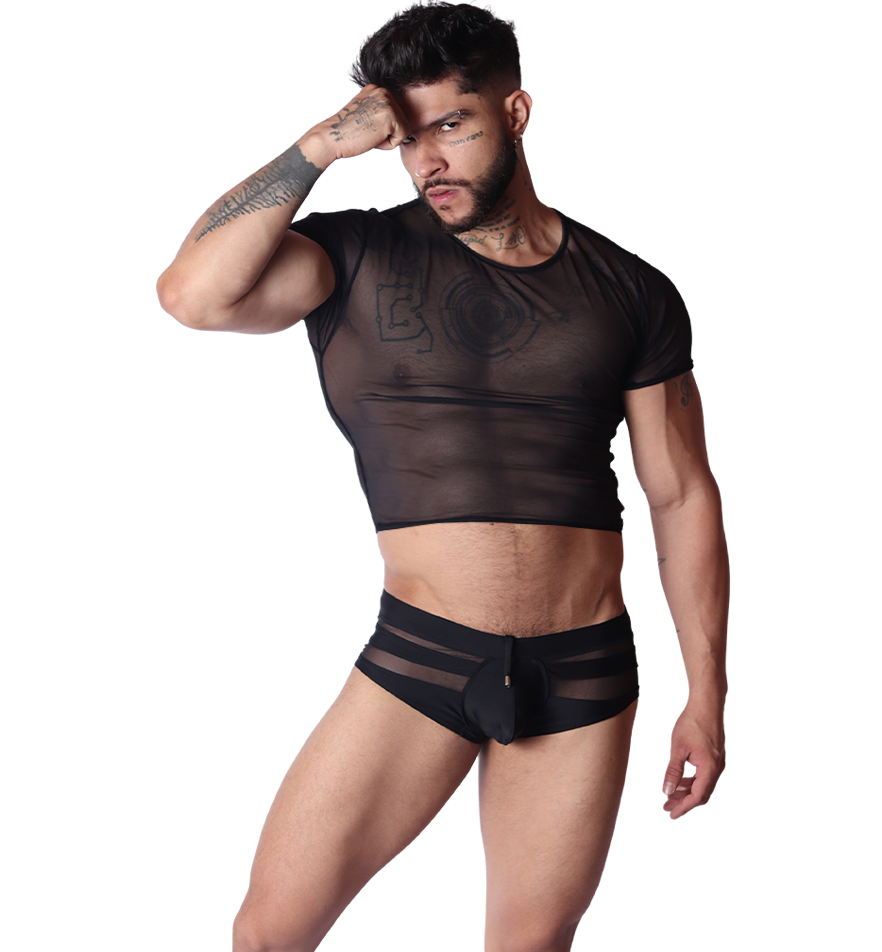 Front view of Gigo Spectrum black sheer mesh crop top on a male model.
