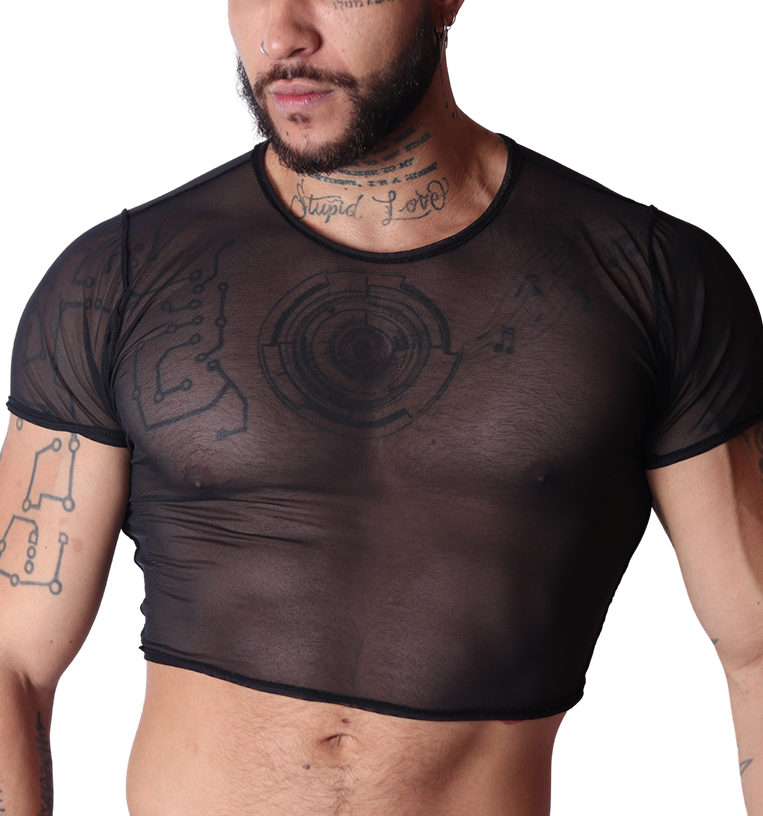 Front view of Gigo Spectrum black sheer mesh crop top on a tattooed man.