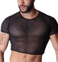Front view of Gigo Spectrum black sheer mesh crop top on a tattooed man.
