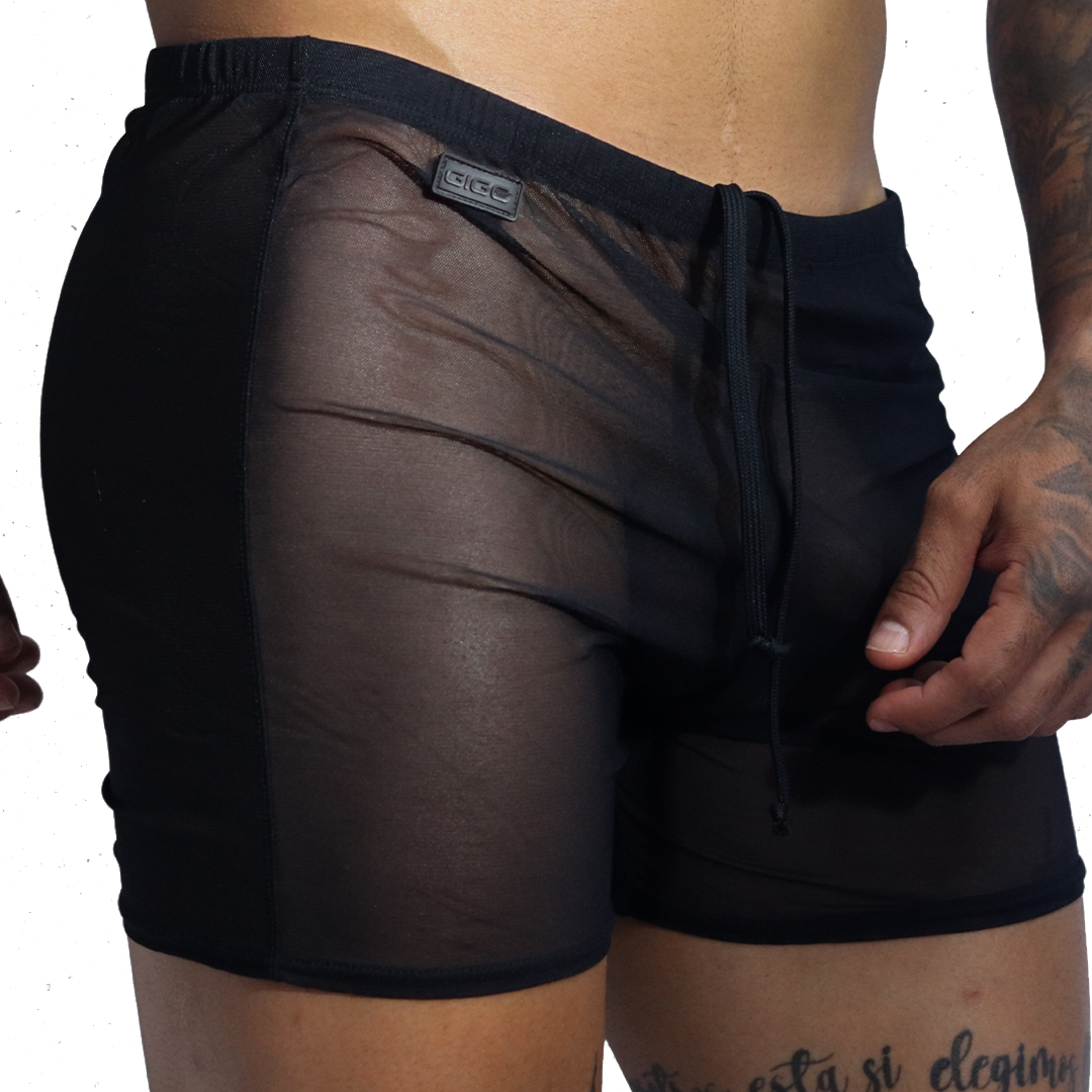 Gigo Spectrum black sheer mesh hotshorts, side view, featuring branded elastic waistband with drawstring.