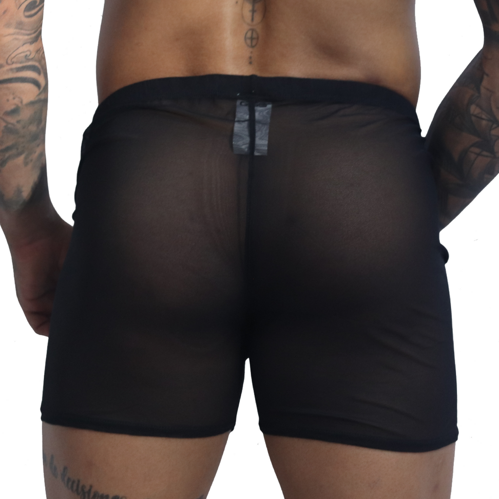 Back view of Gigo Spectrum black sheer mesh hotshorts with elastic waistband and center back label.