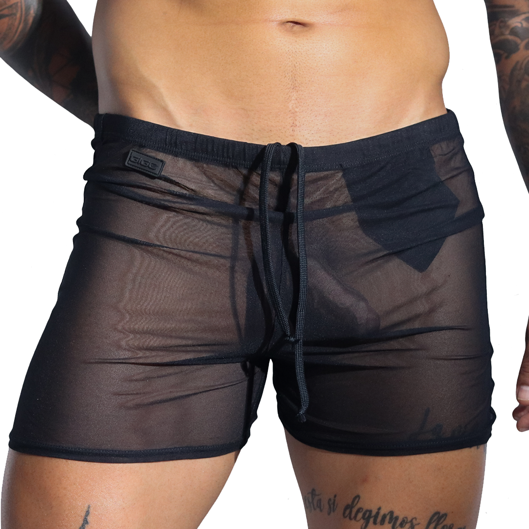 Front view of Gigo Spectrum black sheer mesh hot shorts with drawstring and branded logo patch.