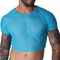 Front view of Gigo Spectrum blue sheer mesh crop top for men. Short-sleeved fitted design on a tattooed male torso.