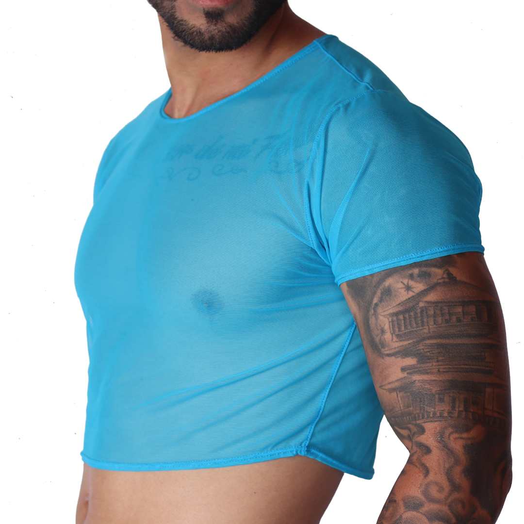 Side view of Gigo spectrum blue mesh crop top for men, featuring a semi-sheer breathable fabric.