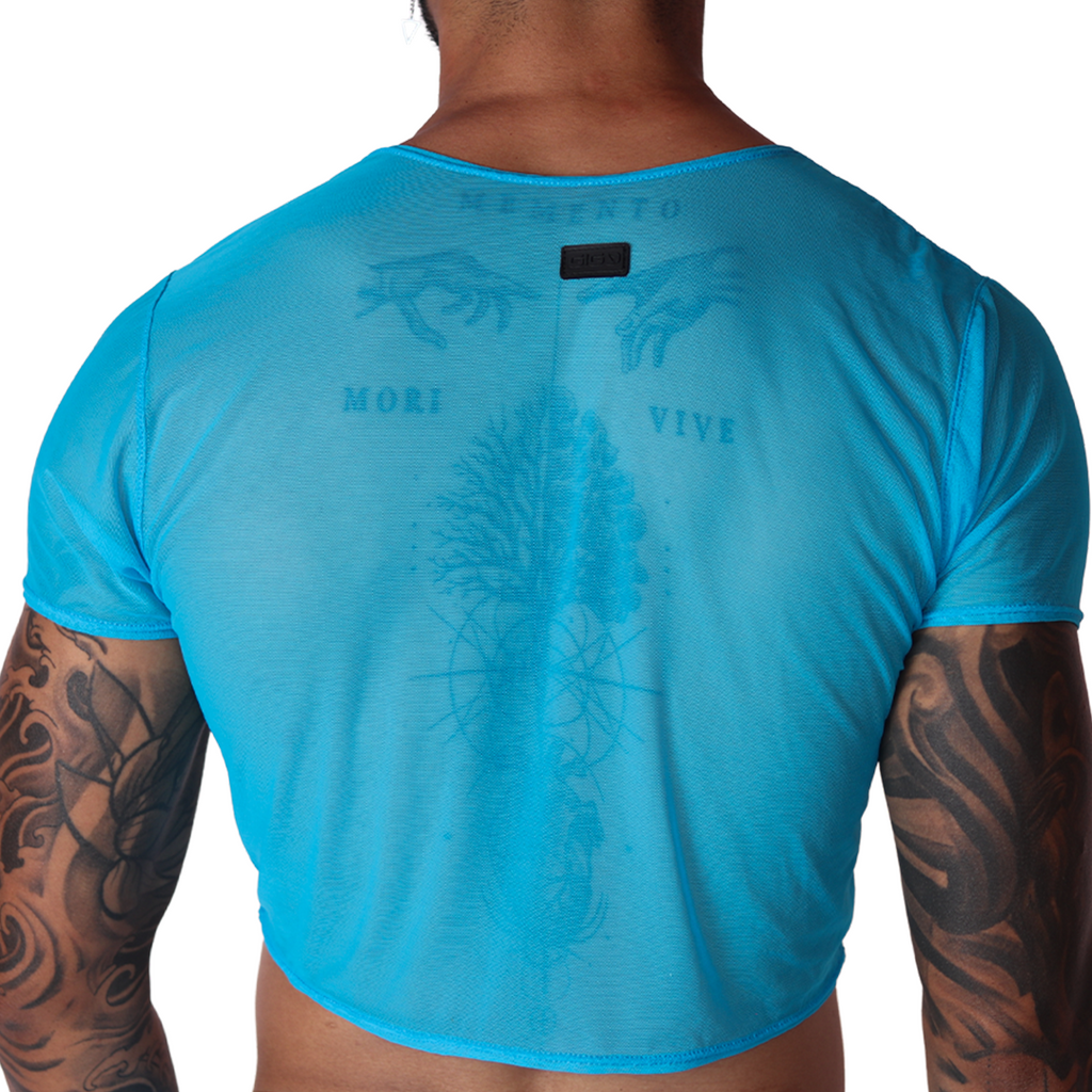 Back view of Gigo Spectrum Blue mesh crop top with graphic print and black brand patch.