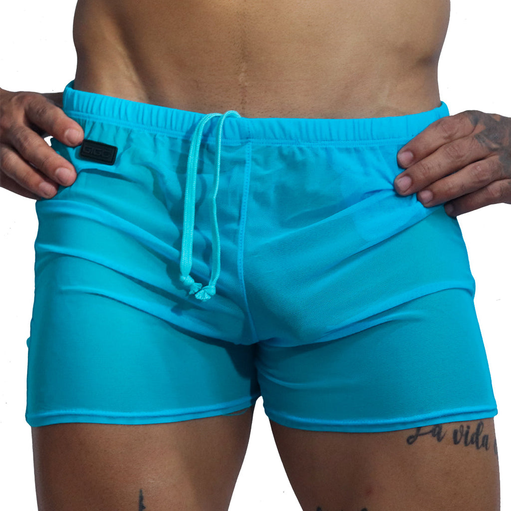 Front view of Gigo Spectrum Blue mesh hot shorts featuring a drawstring waist and black logo patch.