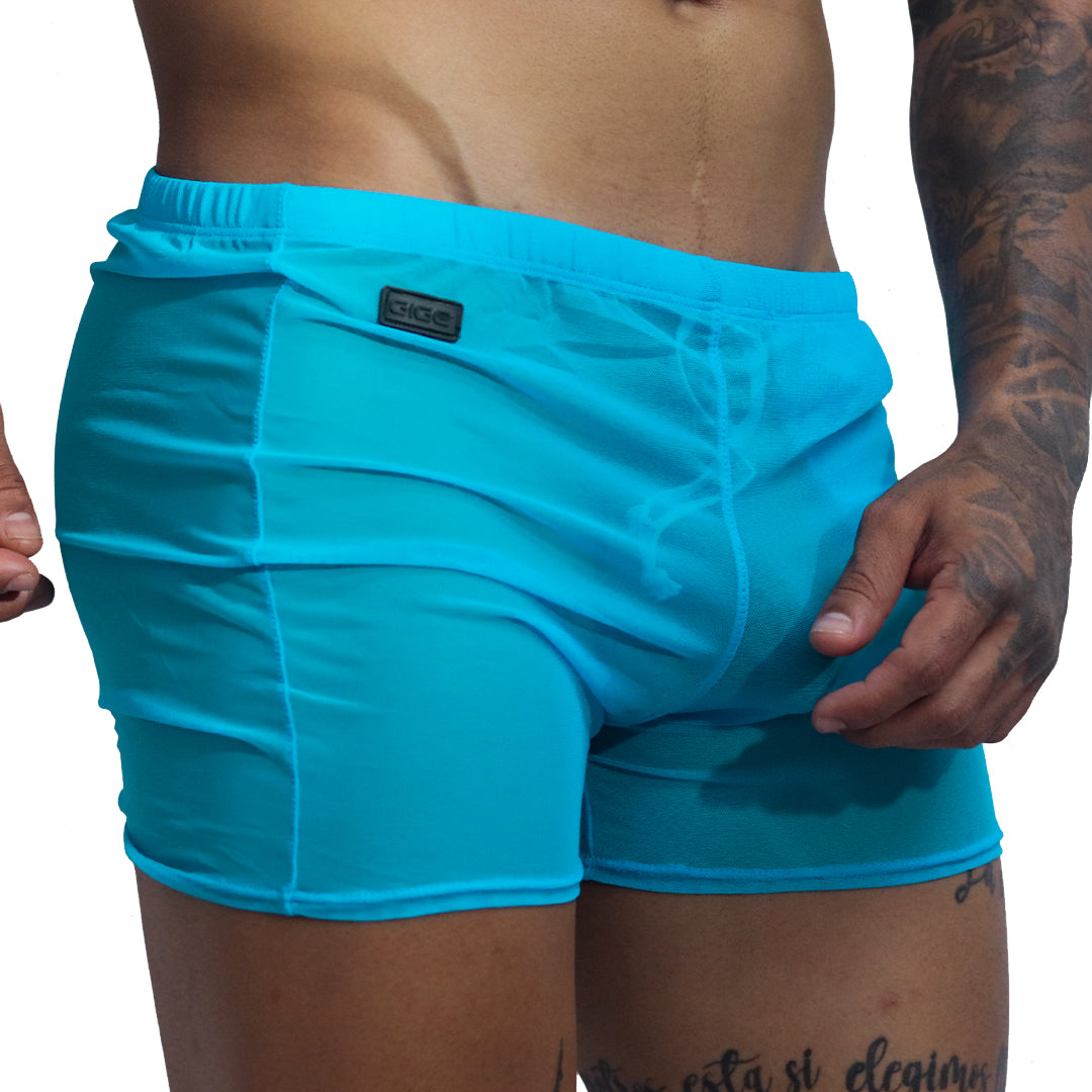 Front view of Gigo Spectrum Blue mesh HOTSHORT underwear featuring a black logo patch and sheer fabric design.