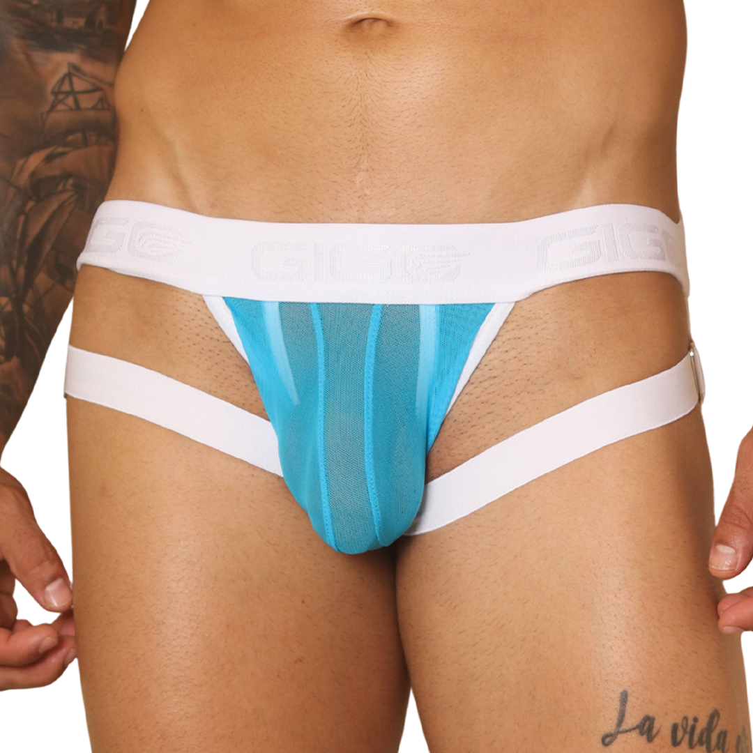 Front view of Gigo Spectrum blue mesh jockstrap with white branded waistband and dual leg straps.